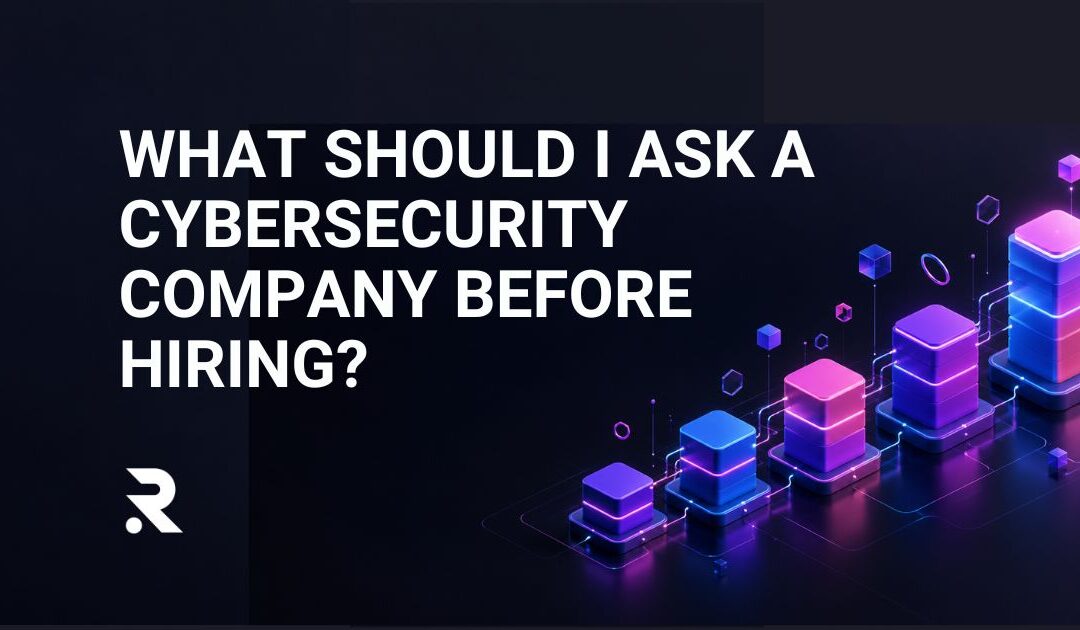 Abstract 3D illustration of five glowing connected modules representing questions to ask a cybersecurity company